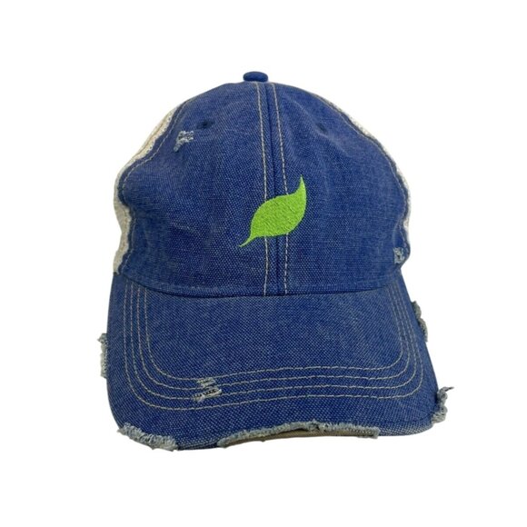 Distressed Blue Denim White Mesh Trucker Hat Green Leaf Embroidery Adjustable Ba - Picture 1 of 8